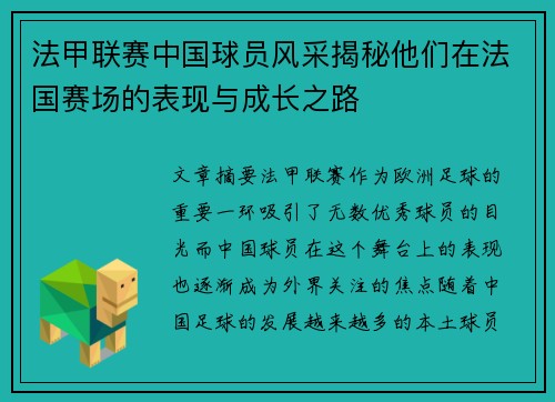 法甲联赛中国球员风采揭秘他们在法国赛场的表现与成长之路