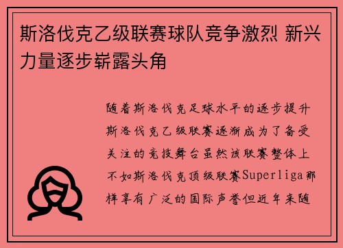 斯洛伐克乙级联赛球队竞争激烈 新兴力量逐步崭露头角